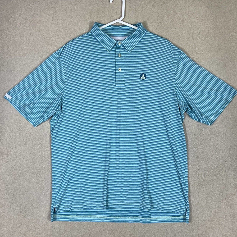 Straight‎ Down Mens 2XL Short Sleeve Polo Golf Shirt Blue Striped Slit Hem